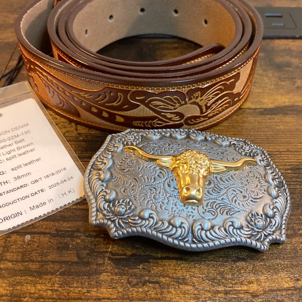 Bison Denim Mens 43"-45" Western Leather Belt Longhorn Cattle Bull Buckle Brown